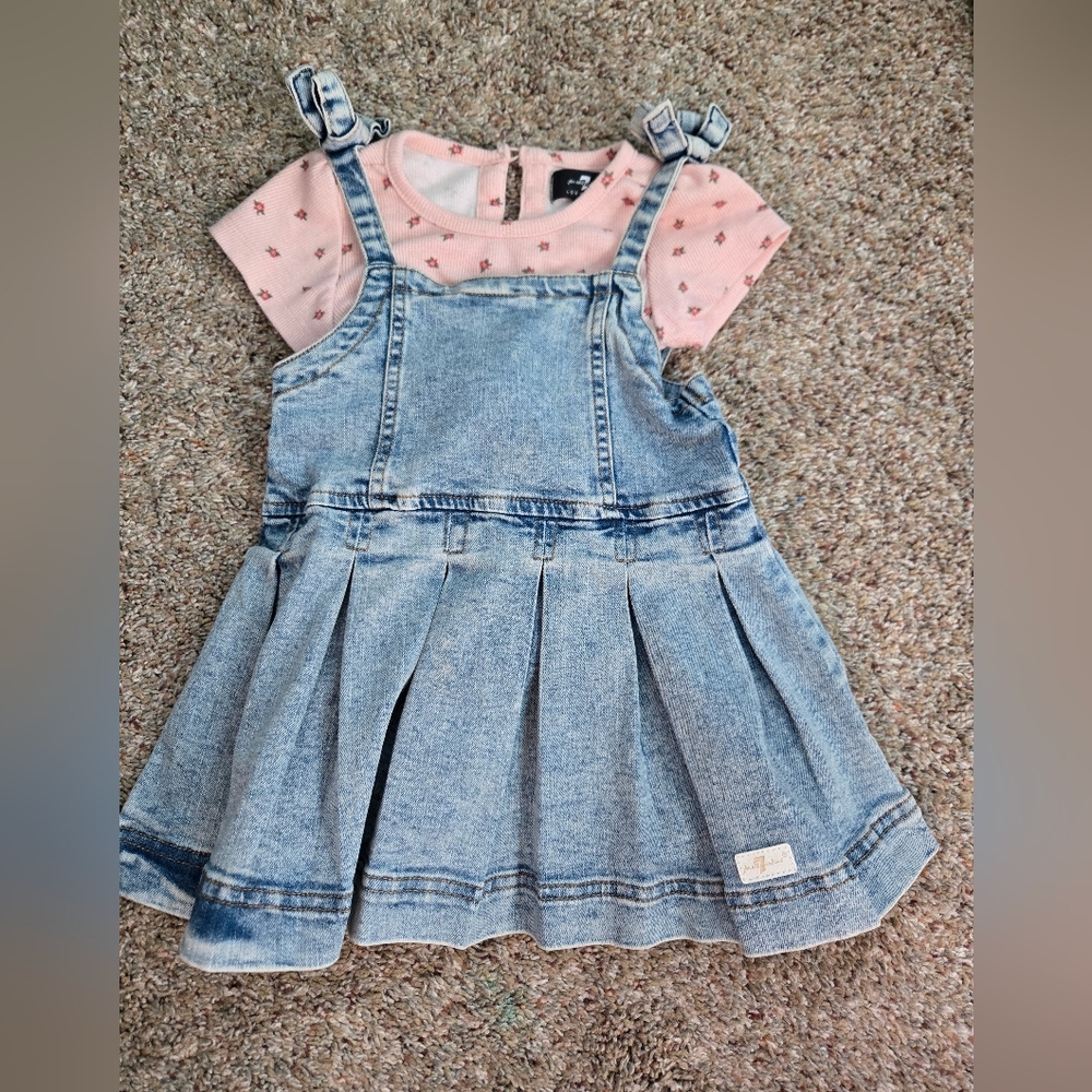 Denim Blue Kids Overall Dress With Pink Floral Onesie 18 Months